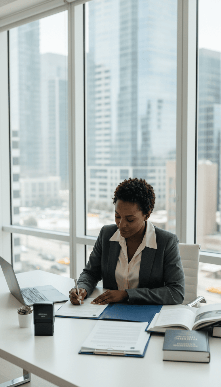 African American woman notary signing documents in a modern office