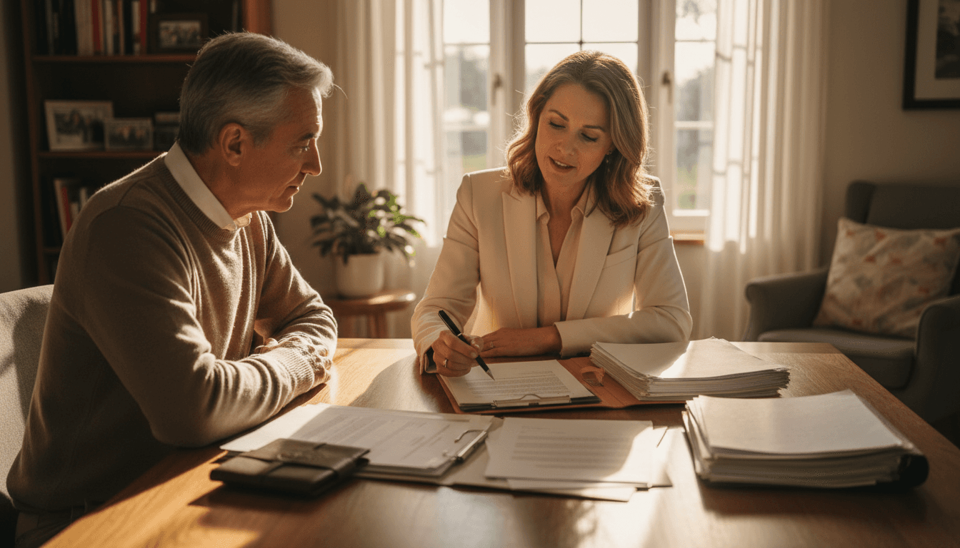 Notary meeting with client at home to review documents