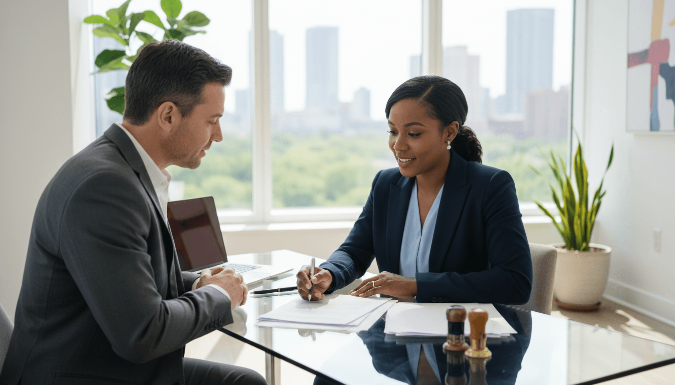 Black woman notary reviewing documents with a client at a modern glass desk in a bright office