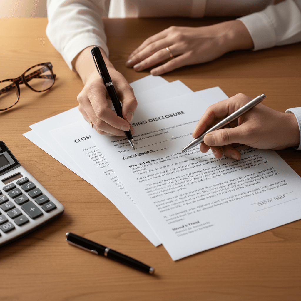 Client hands signing official mortgage closing documents with loan officer present, demonstrating home financing completion