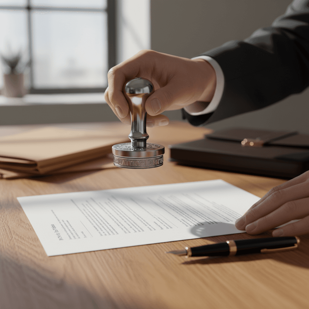 Notary public reviewing loan documents at home office desk