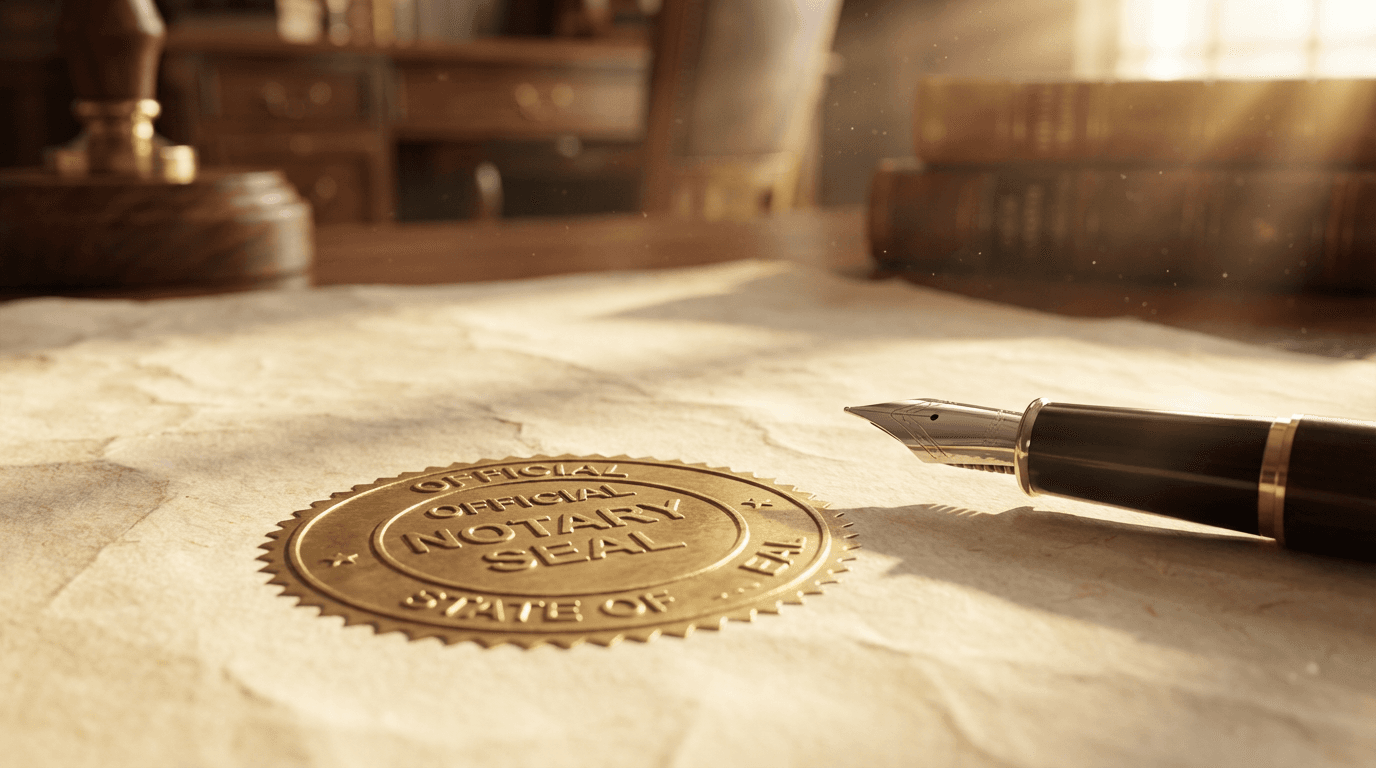 Notary seal embossed on aged parchment paper with fountain pen, golden sunlight highlighting official details.