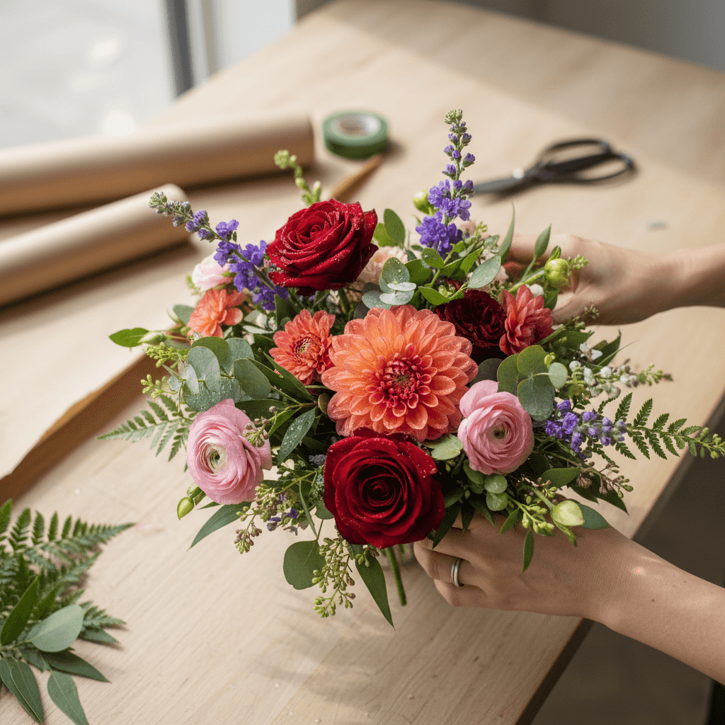 Florist hands arranging vibrant mixed bouquet with international blooms on wooden work table in natural light